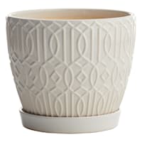 Embossed White Indoor Ceramic Planter with Saucer, Medium