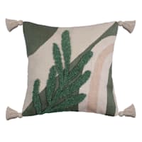 Green Embroidered Throw Pillow with Corner Tassels, 14"