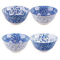Set of 4 Blue & White Patterned Ceramic Bowls