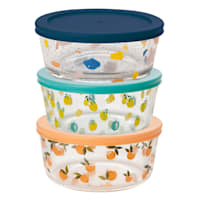 3Pc 1Cup Round Assorted Prints Glass Food Storage