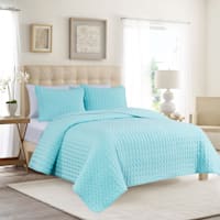 3-Piece Blue Wavy Washed Microfiber Quilt Set, Full/Queen