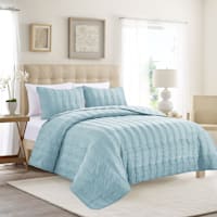 Providence 3-Piece Light Blue Embroidered Washed Microfiber Quilt Set, Full/Queen