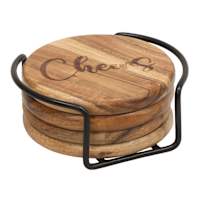 At Home Cheers Wood Coaster Set Brown 4.5X4.5X1.7In