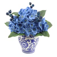 Blue Hydrangea & Berry in Blue & White Vase, 8"