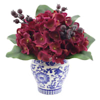 Red Hydrangea & Berry in Blue & White Vase, 8"