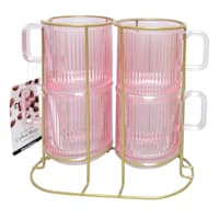 4-Piece Pink Coffee Mug Set with Gold Rack, 12oz