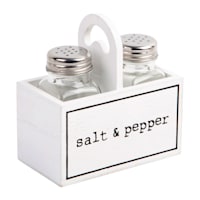 White & Black Salt & Pepper Shakers with Caddy