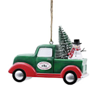 Homespun Holiday Green Truck with Snowman Ornament, 4"