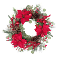 Christmas Ornament & Poinsettia & Mixed Pine Grapevine Wreath, 24