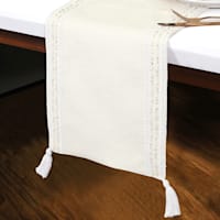 Ivory Semi-Beaded Table Runner with White Tassels, 72x13