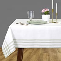White with Sage Striped Border Tablecloth, 60x84