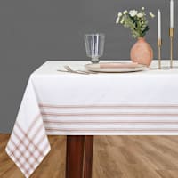 White with Coral Striped Border Tablecloth, 60x84
