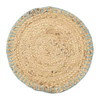 Natural Braided Round Placemat With Blue Stitch, 15"