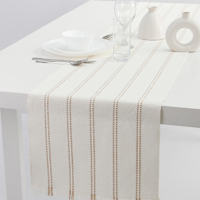 Ivory Woven Ribbed Table Runner with Neutral Stripes & Fringe, 14x90