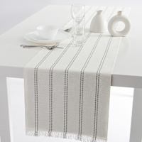 Ivory Ribbed Woven Table Runner with Grey Stripes & Fringe, 14x72
