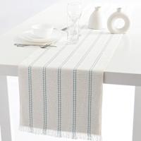 Ivory Woven Ribbed Table Runner with Cameo Blue Stripes & Fringe, 72x14