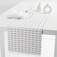 Ivory Reversible Ribbed Table Runner with Navy Blue Stripe Design, 14x72