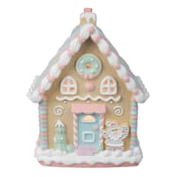 Mrs. Claus' Bakery Blue Door LED Pastel Gingerbread House, 9.8"