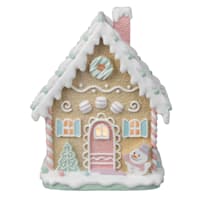 Mrs. Claus' Bakery Pink door LED Pastel Gingerbread House, 9.8"
