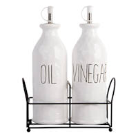 Set of 2 White Oil & Vinegar Bottles with Metal Rack
