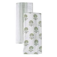 Set of 2 Green Floral Print Terry Cotton Kitchen Towels