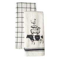 Set of 2 Black Farm Animals Print Terry Cotton Kitchen Towels
