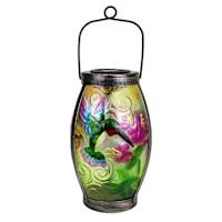 Glass Outdoor Solar Lantern with Hummingbird, 10"