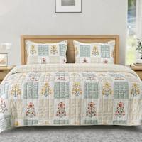 Honeybloom 3-Piece Floral Block Print Gauze Quilt Set, Full/Queen