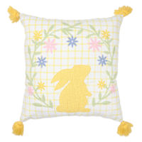 Bunny Embroidered Grid Print Easter Throw Pillow, 18"