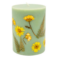 Yellow Dried Flower Embedded Green Pillar Candle, 3x4