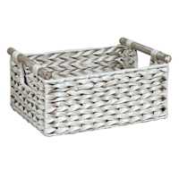 Found & Fable White Rattan Rectangle Storage Basket with Wooden Handle, Small