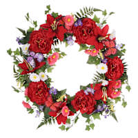 Red Butterfly & Blooming Flowers Wreath, 22"