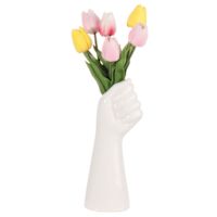 Pink & Yellow Tulips in Hand Shaped Ceramic Pot, 14"