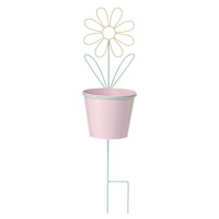 Yellow Flower Metal Yard stake with Pink Planter, 24"