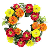 Red, Yellow, & Orange Zinnia Wreath, 22"