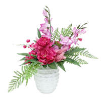 Pink Peony & Gladiolus in White Cement Pot, 22.5"
