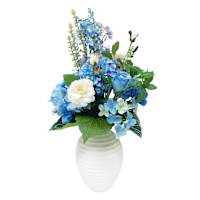 Blue & White Zinnia, Hydrangea & Rose Arrangement in Ceramic Pot, 21"
