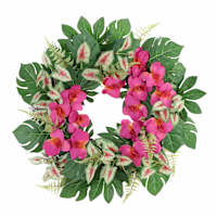 Pink Orchid with Mixed Tropical Leaves Wreath, 24"