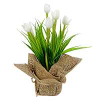 White Tulips in Flax Fabric Bag, 8"
