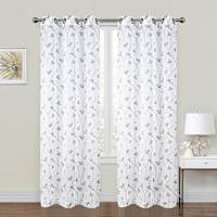 2-Pack White & Grey Embroidered Leaf Grommet Curtain Panels, 95"