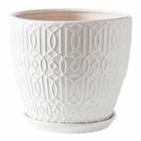 Embossed Tan Outdoor Ceramic Planter with Saucer, Medium