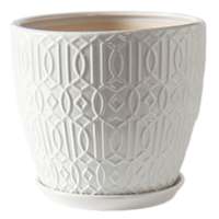 Embossed White Outdoor Ceramic Planter with Saucer, Medium