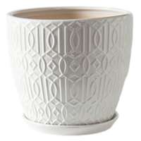 Embossed White Outdoor Ceramic Planter with Saucer, Small