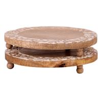 Set of 2 Round Whitewashed Carved Wood Trivet