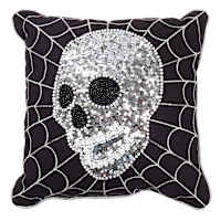 Sequin Skull with Web Throw Pillow, 14"