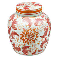 Coral Chinoiserie Porcelain Jar, 7x8
