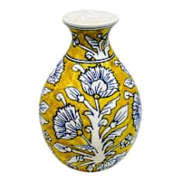 Yellow & Blue Handpainted Floral Ceramic Vase, 8.7"