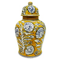 Yellow & Blue Handpainted Floral Ceramic Ginger Jar, 10.5''