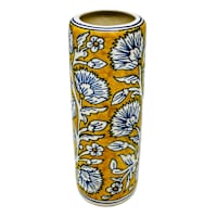 Yellow and Blue Handpainted Floral Ceramic Cylinder Vase, 10"