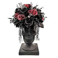 Red & Black Rose in Skull Vessel, 26"